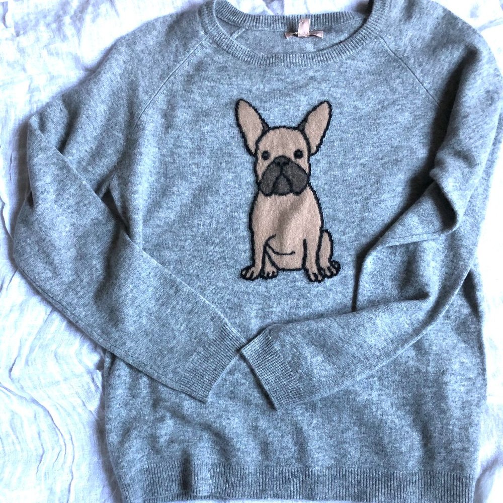 PHILOSOPHY 100% 2-Ply Cashmere Light Gray with the most adorable French Bulldog